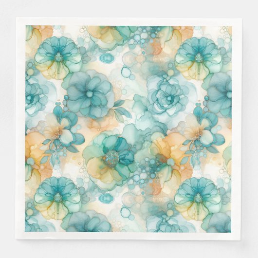 Teal and Yellow Flowers Alcohol Ink Illustration  Serviette (Vorderseite)