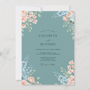 Teal Apricot Blütenhochzeit Einladung