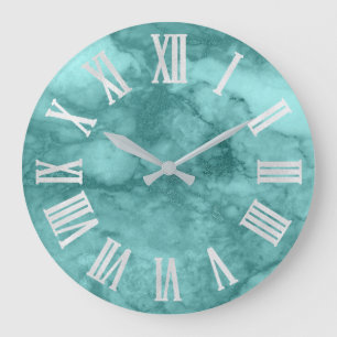 Teal Aqua Blue Gray Silver Roman Numbers Große Wanduhr