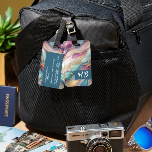 Teal Aqua Blue Purple Pink Gold Marble Art Pattern Gepäckanhänger (Vorderseite & Rückseite)