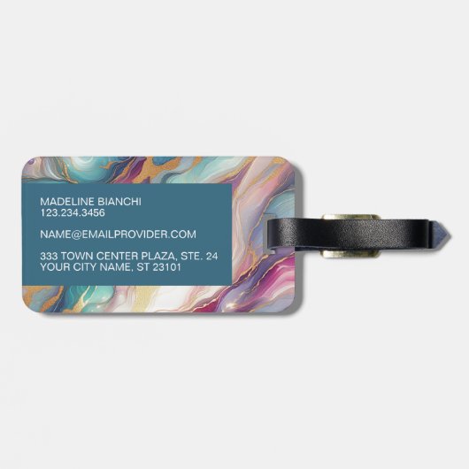 Teal Aqua Blue Purple Pink Gold Marble Art Pattern Gepäckanhänger (Rückseite horizontal)