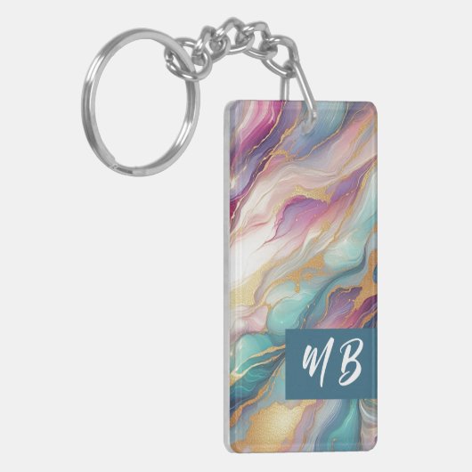 Teal Aqua Blue Purple Pink Gold Marble Art Pattern Schlüsselanhänger (Vorderseite links)