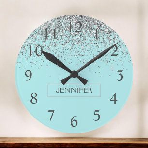 Teal Aqua Blue Silver Glitter Girly Monogram Name Große Wanduhr
