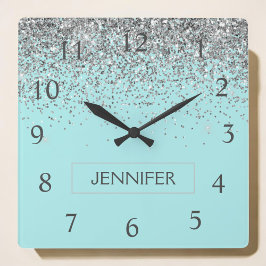 Teal Aqua Blue Silver Glitter Girly Monogram Name Quadratische Wanduhr
