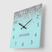 Teal Aqua Blue Silver Glitter Girly Monogram Name Quadratische Wanduhr (Winkel)