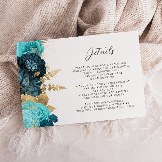 Teal Aqua Floral Gold Script Wedding Details  Begleitkarte