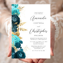 Teal Aqua Floral Gold Script Wedding