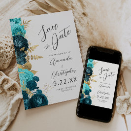 Teal Aqua Gold Blumenschrift Hochzeitseinladung Ankündigung