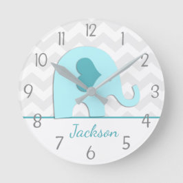 Teal Aqua Grey Elephant Nursery Wallclock Runde Wanduhr