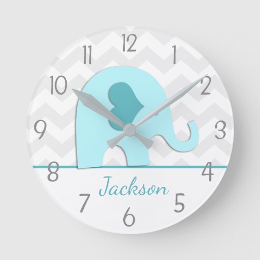 Teal Aqua Grey Elephant Nursery Wallclock Runde Wanduhr (Vorderseite)