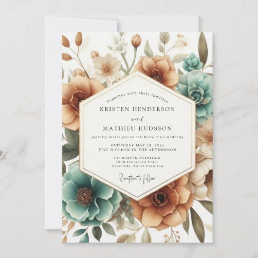 Teal Autumn Bloom Wedding Einladung (Vorderseite)