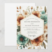 Teal Autumn Bloom Wedding Einladung (Vorne/Hinten)