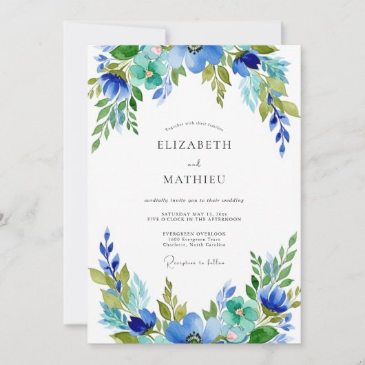 Teal Azure Harmonious Botanical Wedding Einladung (Vorderseite)