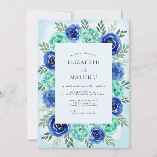 Teal Azure Painterly Coastal Wedding Einladung (Vorderseite)