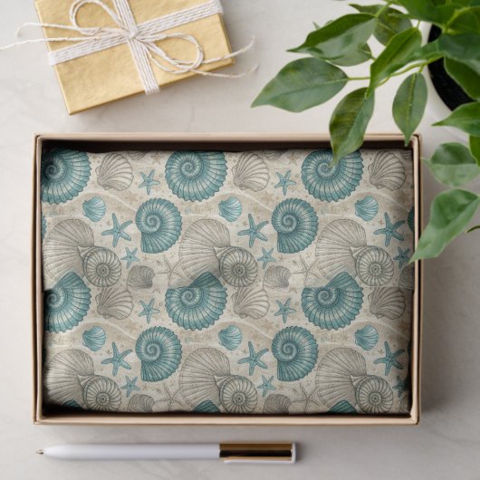 Teal & Beige Beach Shells Pattern Decoupage Seidenpapier (Geschenk)