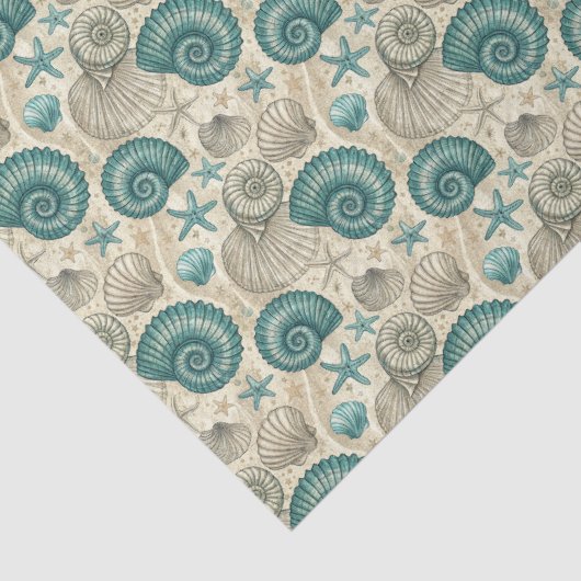 Teal & Beige Beach Shells Pattern Decoupage Seidenpapier (Detail)