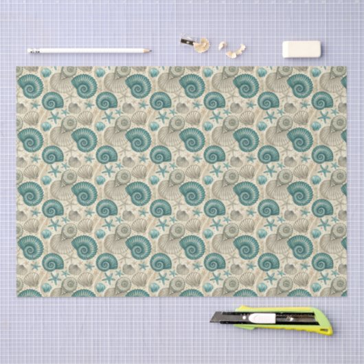 Teal & Beige Beach Shells Pattern Decoupage Seidenpapier (Handwerk)