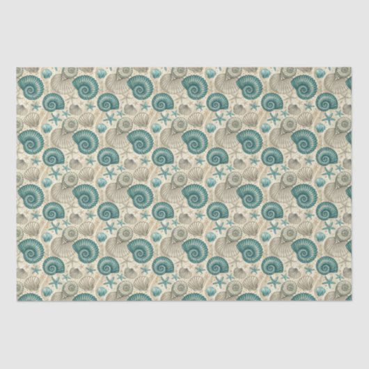 Teal & Beige Beach Shells Pattern Decoupage Seidenpapier (Vorderseite)