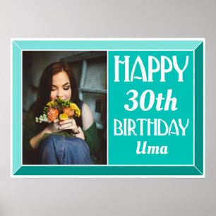 Teal Beveled Art Deco Birthday Photo Poster