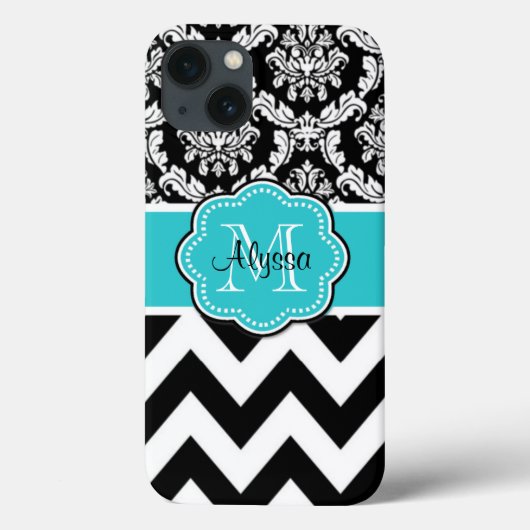 Teal Black Damask Chevron Monogram Case-Mate iPhone Hülle (Rückseite)