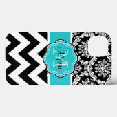 Teal Black Damask Chevron Monogram Case-Mate iPhone Hülle (Rückseite (Horizontal))