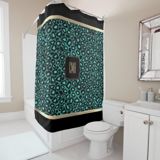 Teal & Black Leopard Pattern - Monogram Duschvorhang (Beispiel)