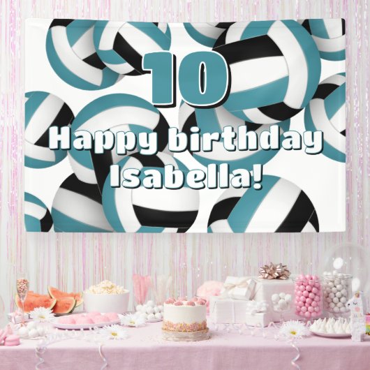 teal black volleyballs kids birthday party banner (Party)