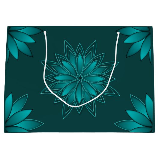Teal-Blatt-Mandala-Design auf Dunkelcyan Große Geschenktüte (Vorderseite)