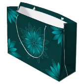 Teal-Blatt-Mandala-Design auf Dunkelcyan Große Geschenktüte (Rückseite Schrägansicht)