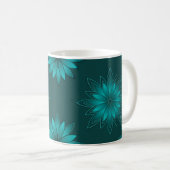 Teal-Blatt-Mandala-Design auf Dunkelcyan Kaffeetasse (VorderseiteRechts)