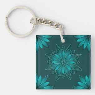 Teal-Blatt-Mandala-Design auf Dunkelcyan Schlüsselanhänger