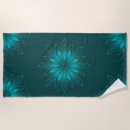 Teal-Blatt-Mandala-Design auf Dunkelcyan Strandtuch