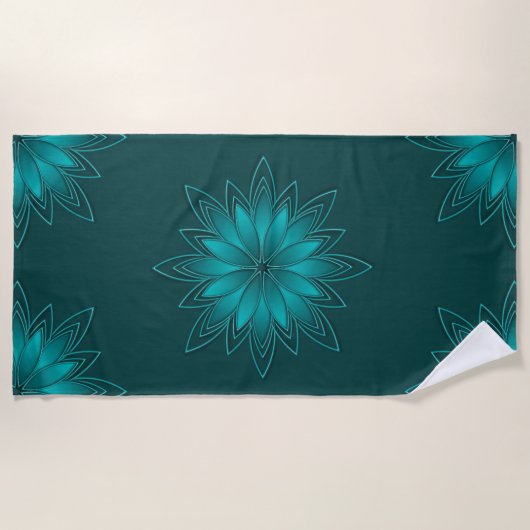 Teal-Blatt-Mandala-Design auf Dunkelcyan Strandtuch (Vorderseite)