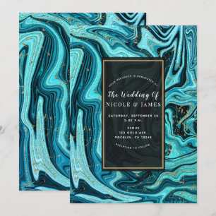 Teal Blau & Gold Chic Swirl Moderne Hochzeit Einladung