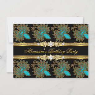 Teal Blau Gold Schwarz Elegante Geburtstagsfeier Einladung