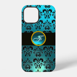 TEAL BLAU SCHWARZER DAMAST-EDELSTEIN-MONOGRAMM iPhone 12 HÜLLE
