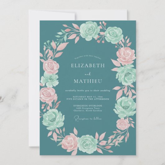 Teal Bloom Romantik-Hochzeit Einladung (Vorderseite)