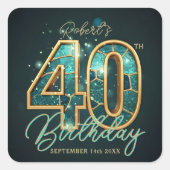 Teal Blue Agate Gold Mosaic 40th Birthday Party Quadratischer Aufkleber (Vorderseite)