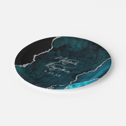 Teal Blue Agate Silver Script Wedding Pappteller (Schrägansicht)