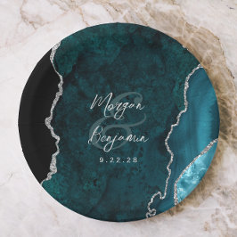 Teal Blue Agate Silver Script Wedding Pappteller