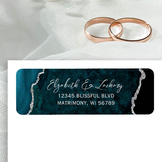 Teal Blue Agate Silver Wedding Return Address