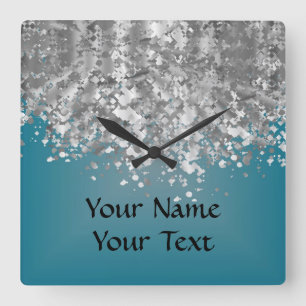 Teal blue and faux glitter quadratische wanduhr
