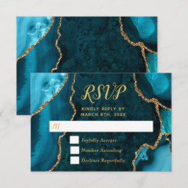 Teal Blue and Gold Agate Marble RSVP Karte