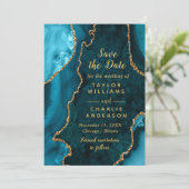 Teal Blue and Gold Agate Marble Save The Date Einladung (Stehend Vorderseite)