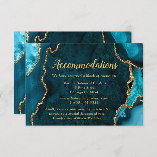 Teal Blue and Gold Agate Wedding Accommodations Begleitkarte (Vorne/Hinten)