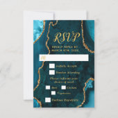 Teal Blue and Gold Agate Wedding Meal Choice RSVP Karte (Vorderseite)