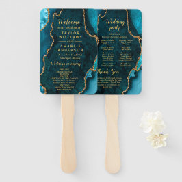 Teal Blue and Gold Agate Wedding Program Fächer