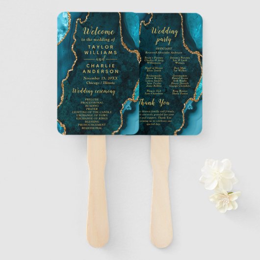 Teal Blue and Gold Agate Wedding Program Fächer (Vorne und Hinten)