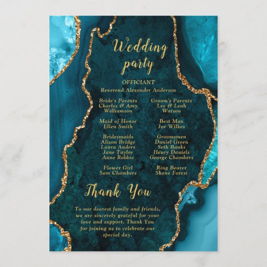 Teal Blue and Gold Agate Wedding Program Programm (Rückseite)
