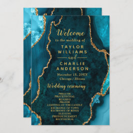 Teal Blue and Gold Agate Wedding Program Programm